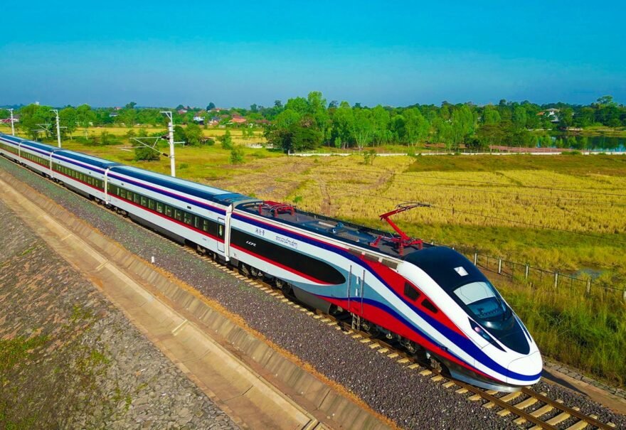 Laos-China Railway train travelling through the Lao countryside