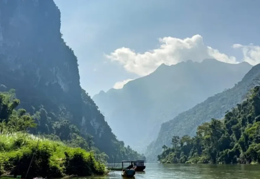 Nam Ou River flowing between dramatic karst mountains near Nong Khiaw, Laos.