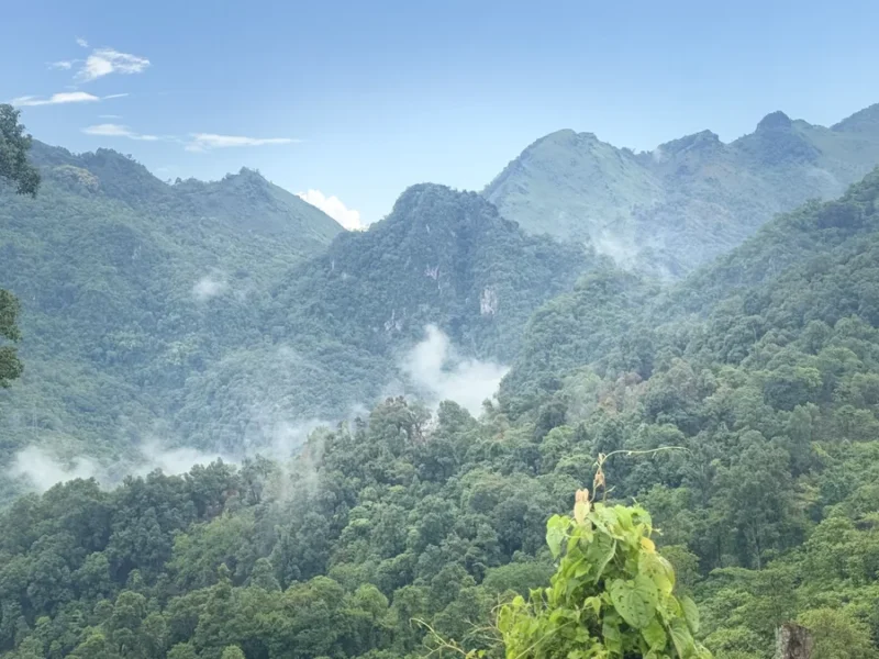 Remote forested mountains in Laos illustrating a two-week adventure and cultural exchange.