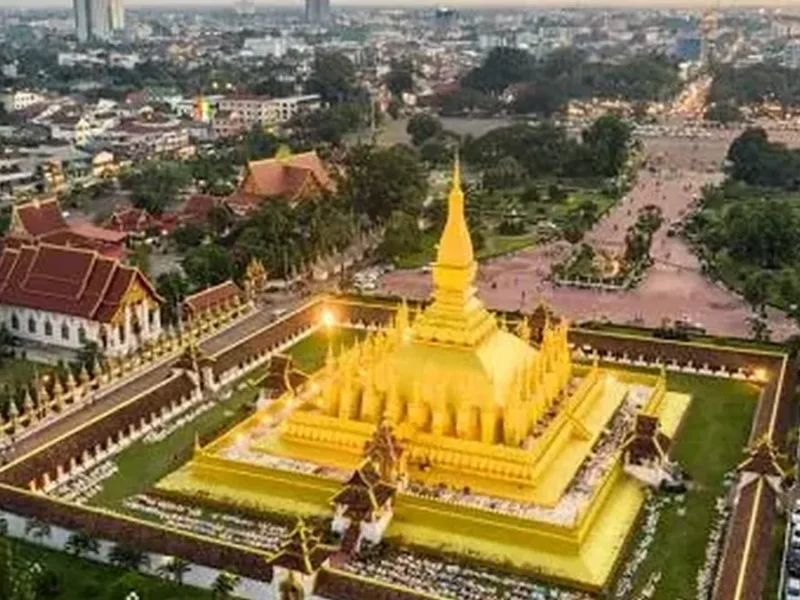 Aerial view of Pha That Luang and the city of Vientiane, Laos.